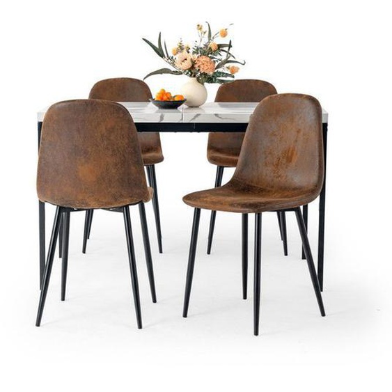 FurnitureR 5PCS Table a Manger avec Chaises, 4 Sièges en Suede avec 1 Table de Salle à Manger en Bois L120CM, Marbre Blanc