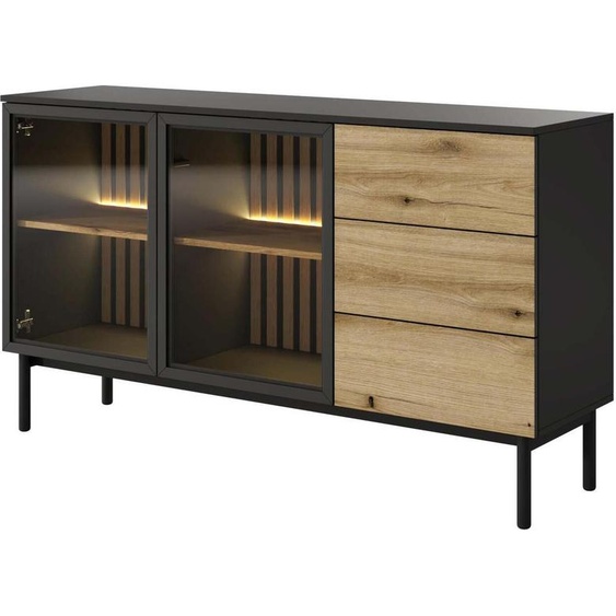 FURNLUX Buffet long Chêne Et Noir 150cm / Couleur principale : Noir / Dimensions : 150 x 40 x 85 cm