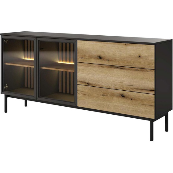 FURNLUX Buffet long Chêne Et Noir 180cm / Couleur principale : Noir / Dimensions : 180 x 40 x 85 cm