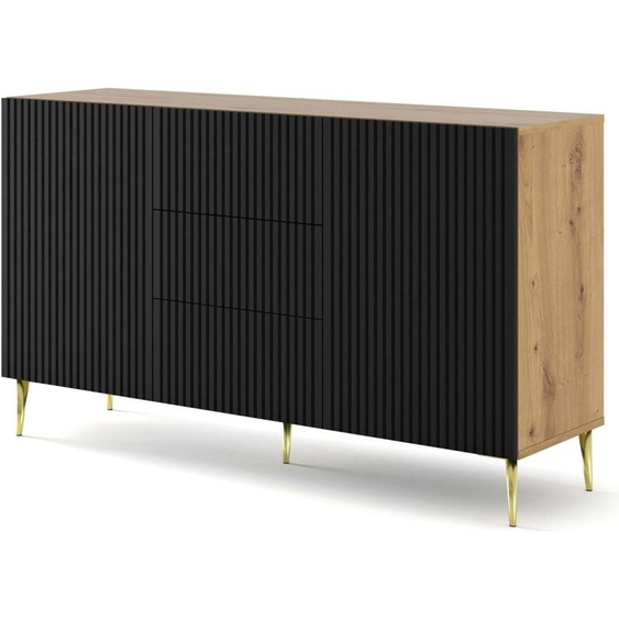 FURNLUX Sideboard Ravenna B Beige Et Noir Et Or 150cm / Couleur principale : Noir / Dimensions : 150 x 87 x 42 cm