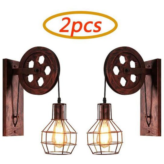 Fusion 2x Vintage Applique Murale éclairage style Rétro Lampe de Mur Cage en Métal Rouille Rouge pour Salon Bar Cuisine