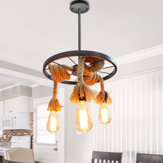 FUSION& 3 Tete Lustre Suspension Luminaire Metal 2PCS Lampe Lustre Corde de Chanvre Vintage Industrielle