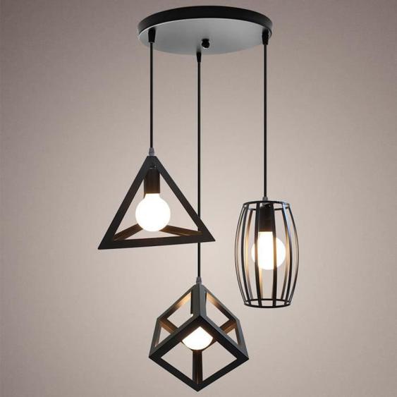 Fusion& 3 Tete Suspension Vintage Industrielle Lampe Lustre Luminaire en Metal pour Cuisine Salon Bureau