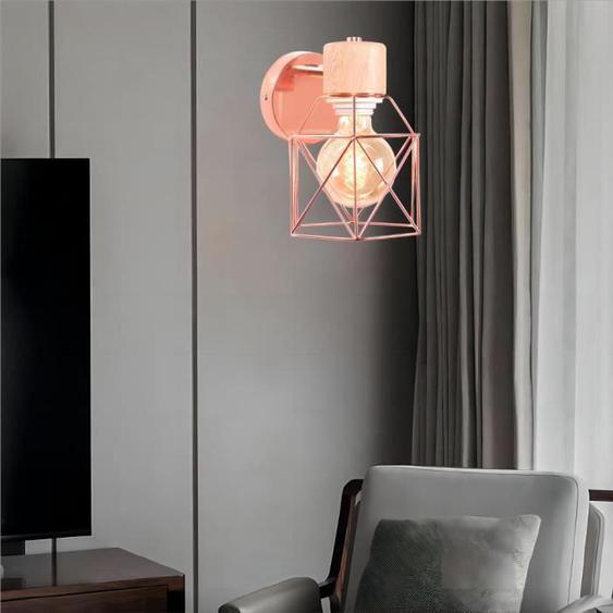 Fusion Lot de 3 Appliques Murales Industrielles Design Cage en Métal Lampe Murale Bois Vintage Luminaire pour Chambre, 14CM Or rose