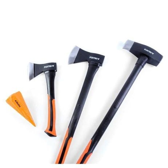 Fuxtec - Hachettes bois acier forgé FX-AX4 - Set hachette 36cm + hache 69cm + hache de fendage 91cm + coin fendeur acier 1,8kg
