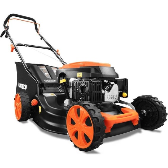 FUXTEC Tondeuse à gazon à essence 3 en 1 FX-RM4646ECO 3,5 CV / 2,6kW | Largeur de coupe 46cm & 7 positions de réglage de la hauteur de coupe 25-75mm| Tondeuse 4 temps - Avec bac de ramassage de 50L, fonction mulching & raccord de nettoyage