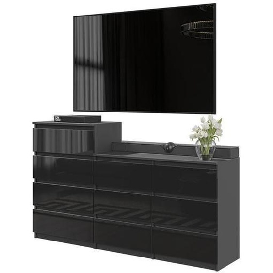 GABRIEL - Commode 10 Tiroirs (6+4) - H92/70 cm L160 cm P33 cm (Anthracite / Noir Brillant)
