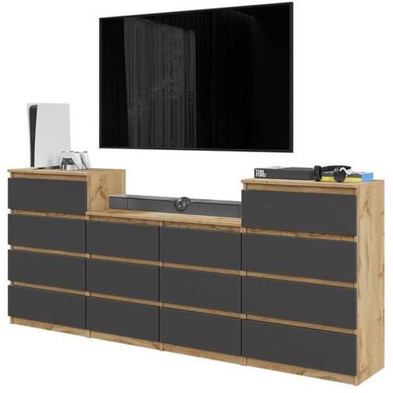 GABRIEL - Commode 14 Tiroirs (4+6+4) - H92cm L220cm P33cm (Chêne Wotan / Anthracite)