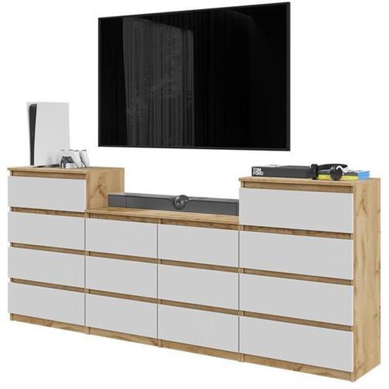 GABRIEL - Commode 14 Tiroirs (4+6+4) - H92cm L220cm P33cm (Chêne Wotan / Blanc Matt)