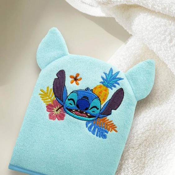 Gant de toilette Disney ludique brodé tête de Stitch bleu ciel