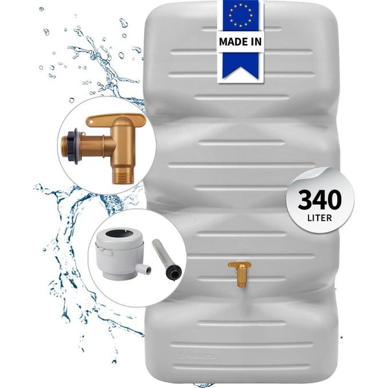 GARANTIA Kit Réservoir de jardin  CUBUS 340 L, gris béton incl. robinet de vidange en plastique et raccord de descente