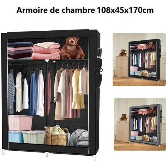 Garde-Robe en Tissu Noir - WILLONIN - Armoire Penderie pour chambre - 2 portes - 3 grands compartiments