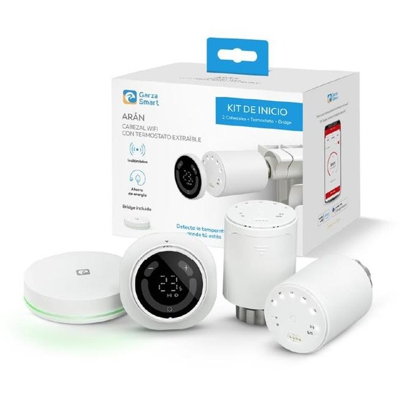 Garza - Lot de 2 têtes WiFi pour radiateurs + capteur portable + pont Zigbee, vanne thermostatique,via application etvocale, modes manuel/automatique, détection de fenêtre, protection antigel et autonomie