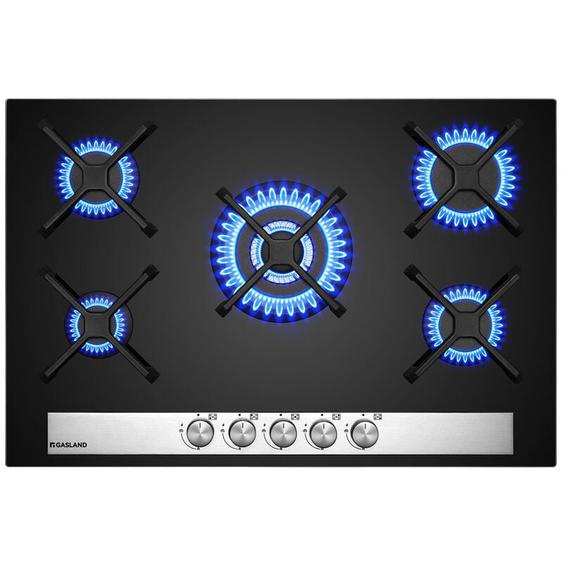 Gasland Plaque de Cuisson à Gaz Naturel/Butane/Propane encastrée, Surface en verre trempé & Grilles en fonte émaillée - GH6805BG1FC - 5 Foyers