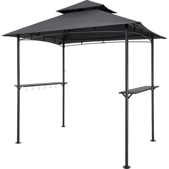 Gazebo barbecue, 2,43 x 1,5 m Gazebo barbecue extérieur avec toit à deux niveaux, abri barbecue en acier thermolaqué avec 2 étagères latérales et 8 crochets, auvent barbecue pour terrasse, jardin et pique-nique