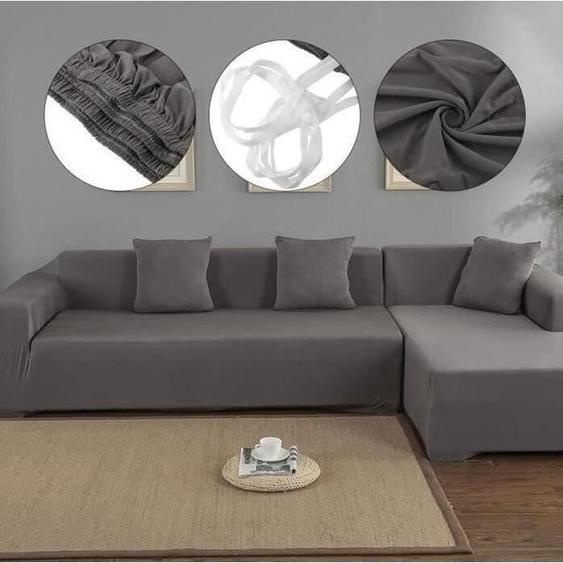 GD13062-Housse de Canapé de Protection 3+2 Places en L dAngle en Polyester Couverture Élastique de Sofa pour Meubles de Maison Gri
