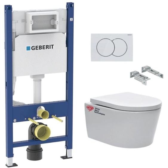 Geberit - Pack Bati-support 112cm + Cuvette Swiss Aqua Technologies sans bride + Plaque blanche (SATrimlessGeb3-RT)