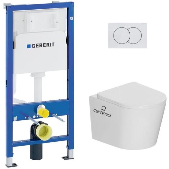 Geberit - Pack wc bâti-support Duofix UP100 + wc suspendu Ceramia Tornado Rimless + abattant SoftClose + plaque blanche (CETORGEB1)
