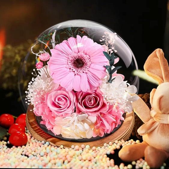Gerberas et roses éternelles dans un vase lumineux, fleurs conservées, coffret cadeau, rose clair, 12x12x13 cm