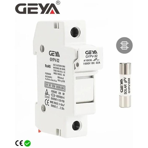 GEYA GYPV-32 1P Porte-Fusibles Longs Solaires Adaptés aux Fusibles Longs 10*38mm Lien Fusible pour la Protection du Système Solaire 1000V DC10A 15A 20A 30A