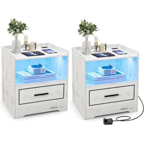 GIANTEX 2 Tables de Chevet LED-avec Tiroir+Station de Charge (Type-C+USB)-3 Couleurs et Luminosité Réglable-Table dAppoint Blanc