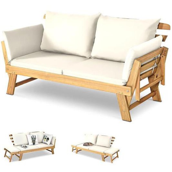 GIANTEX Canapé Lit de Jardin Extensible-2 Place-Coussin-Oreiller-FSC-Fauteuil Extérieur&Intérieur-Bois dAcacia-Charge 320KG-Blanc