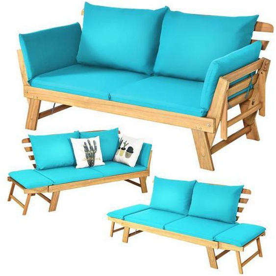 GIANTEX Canapé Lit de Jardin Extensible-2 Place-Coussin-Oreiller-FSC-Fauteuil Extérieur&Intérieur-Bois dAcacia-Charge 320KG-Bleu