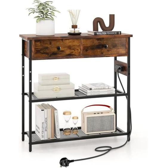 GIANTEX Console Meuble Entrée avec 2 Tiroirs et Station de Chargement ( 2 Prises+2 USB),Table dAppoint à 3 Étages Style Industriel