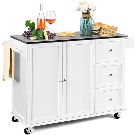 GIANTEX Desserte de Cuisine à Roulettes avec 3 Tiroirs+2 Portes+Porte-Serviettes+ Support à Épices,Chariot de  Salle à Manger,Blanc