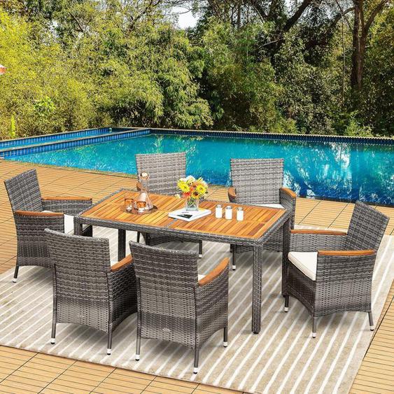 GIANTEX Ensemble Salon de Jardin en Rotin-6 Chaises Empilables avec Coussin+ Table à Manger en Bois avec Trou de parasol-7 Pcs-Gris