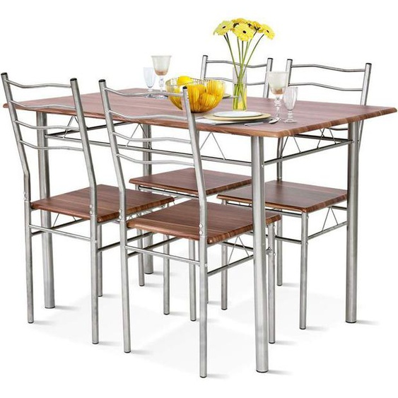 GIANTEX Ensemble Table à Manger avec 4 Chaises- pour Salle à Manger/Cuisine/Salon- Cadre en Métal- 120x 70x 75cm- Argent et Noyer