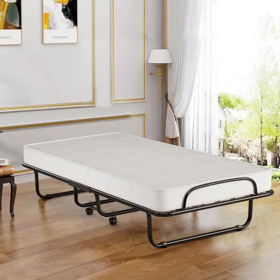 GIANTEX Lit d’Appoint Pliable 80x190CM avec Roulettes+ Matelas en Mousse à Mémoire Épaisseur 10CM,Lit 1 Place en Acier,Charge 120KG