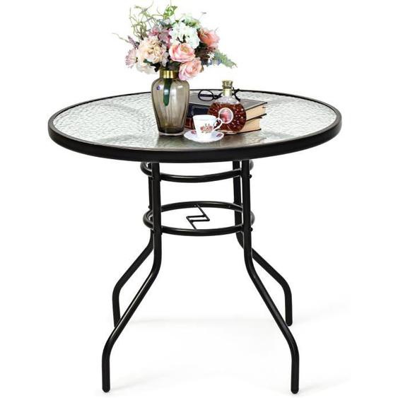 GIANTEX Table Basse de Jardin Ronde en Verre Trempé avec Trou de ParasolTable dAppoint Cadre en Fer ø 80 CM x H 72CMCharge 80KG