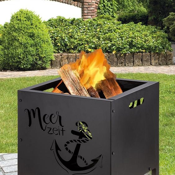 GILDE Feuerkorb, quadratisch, Meerzeit, Ankermotiv, Schriftzug, Metall, schwarz, , L. 40,4 cm, B. 40,4 cm, H. 43 cm 67774
