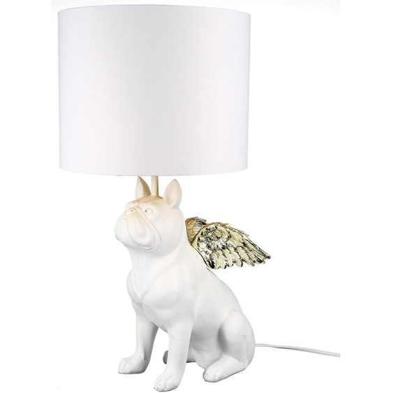 Lampe de table Gilde, modèle Bulldogge, Flying Bulli, en résine synthétique, textile, blanche, lot de 1, diamètre : 26 cm, hauteur : 55 cm, référence : 89334