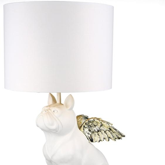 Gilde Tischleuchte, Bulldogge, Flying Bulli, Kunstharz, Textil, weiß, VE 1, H. 55 cm, D. 26 cm 89334 4001250893349