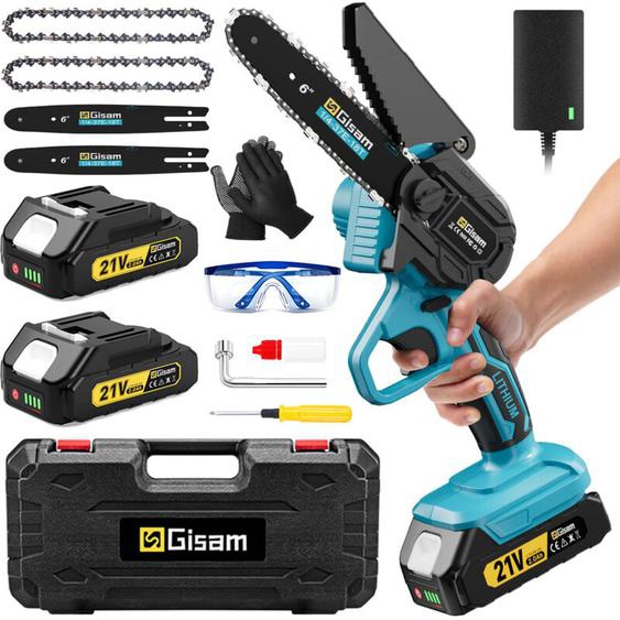 Gisam - tronçonneuse a batteries sans balais 6 pouces avec 2 batteries 2000mah avec de nombreuses chaînes de guidage pour jardinage cour ferme