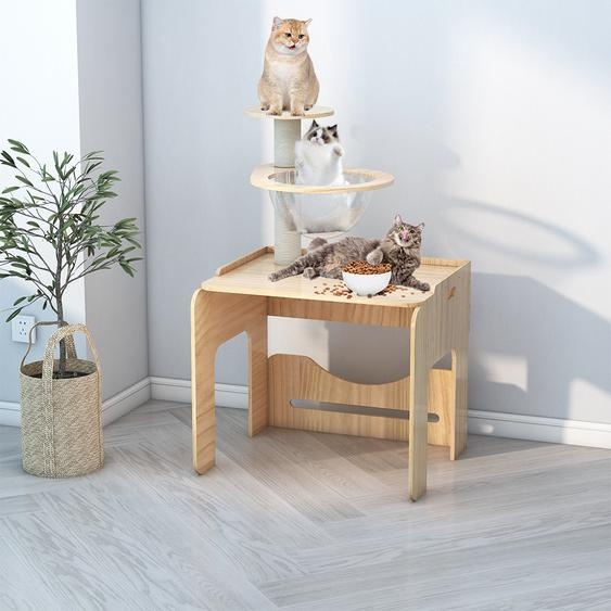 Gliese Arbre à chat moderne en bois, 110 cm. Arbre à chat robuste, meuble pour chat avec des plateformes en acrylique en forme de capsule pour chats dintérieur
