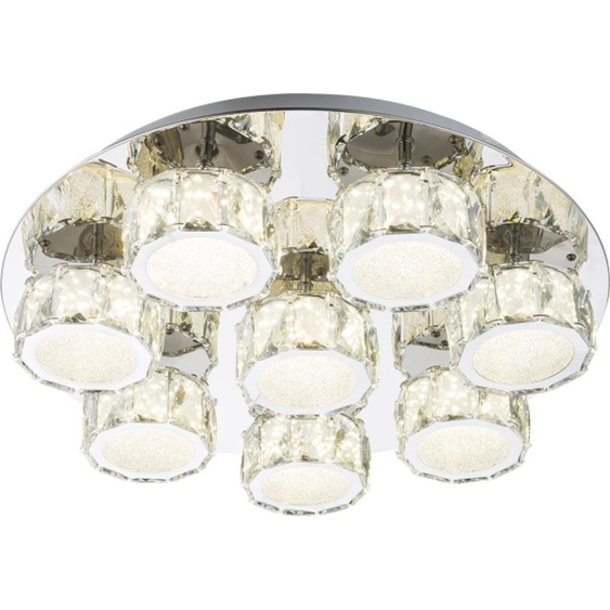 Globo Lighting plafonnier métal chromé, cristaux K5 clairs, acrylique satiné, intensité lumineuse variable, ø : 500mm, H : 110mm, incl. LED 64W 230V, 6400lm Source, 4580lm Output, 4000K