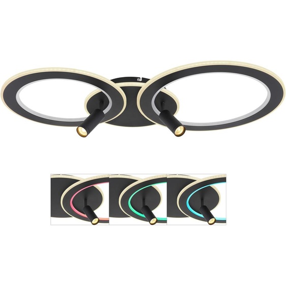 Globo Lighting Plafonnier Métal noir mat, acrylique opale, intensité lumineuse variable, changement de couleur, couleurs fixables, changement de couleur RGB, couleurs RGB fixables, fonction mémoire, veilleuse, télécommande, projecteur orientable, RGB