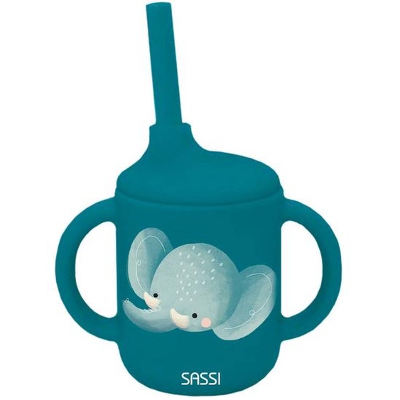 Gobelet En Silicone Avec Poignées Et Paille Animaux Bleu