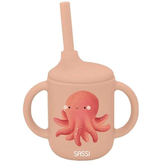 Gobelet En Silicone Avec Poignées Et Paille Animaux Rose