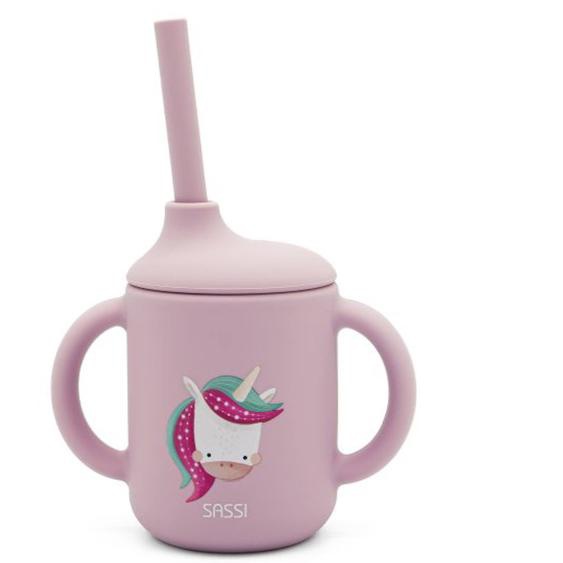 Gobelet En Silicone Avec Poignées Et Paille Animaux Rose