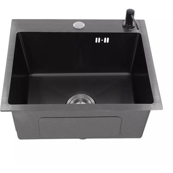 Vier de cuisine encastrable 40 x 45 cm en acier inoxydable noir avec panier de vidage + bonde + tuyau de descente + distributeur de savon