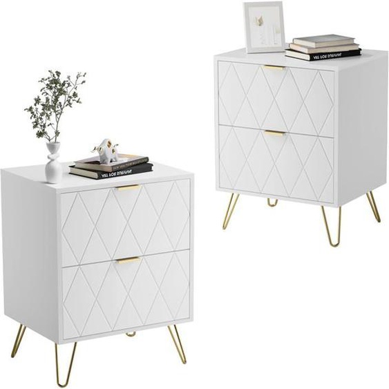 GOOBUY Lot de 2 Table à Chevet, 2 Tiroirs, Manches et Pieds en Couleur Doré, Style Ligne Scandinave, 40 x 30 x 52 cm, Blanc