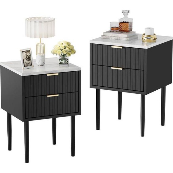 GOOBUY Lot de 2 Tables de Chevet Plafond Marbré, avec Pieds en Métal, 2 Tiroirs, Style Scandinave Ligne, 42 x 40 x 68 cm, Noir