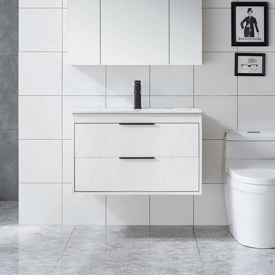GOOBUY Meuble sous Lavabo Suspendu 75cm, avec Lavabo en Céramique, Robinet, 2 Tiroirs, Style Ligne Scandinave, Blanc 75 x 45 x 46cm