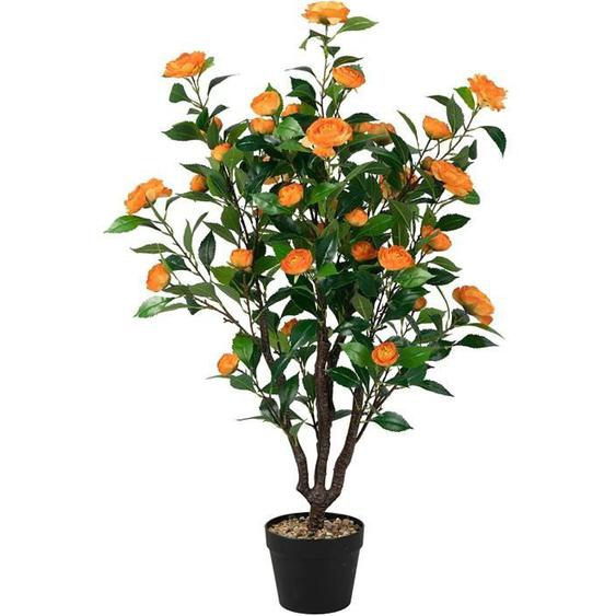 GOPLUS 102 cm Camélia Artificiel en Pot de Ciment, Fausse Plante Camélia avec 37 Fleurs, Troncs épais et Galets de Pluie