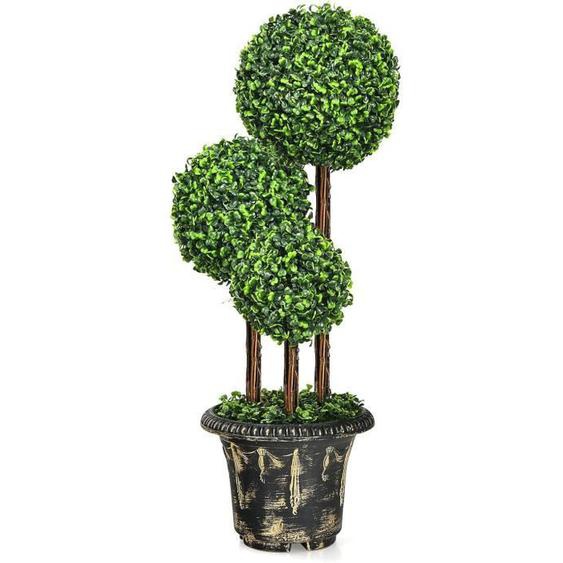 GOPLUS Arbres Artificiels, Plantes Artificielles avec Pot en Plastique Rempli de Ciment & Rotin en Bois, Aspect Sphérique Unique