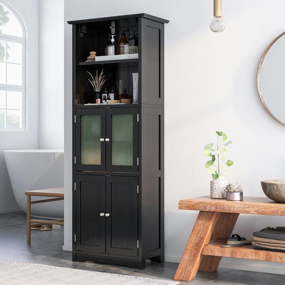 GOPLUS Armoire de Salle de Bain avec 3 Parties, Rangement 6 Niveaux avec 2 Tablettes Réglables, Portes en Verre Transparent, Noir